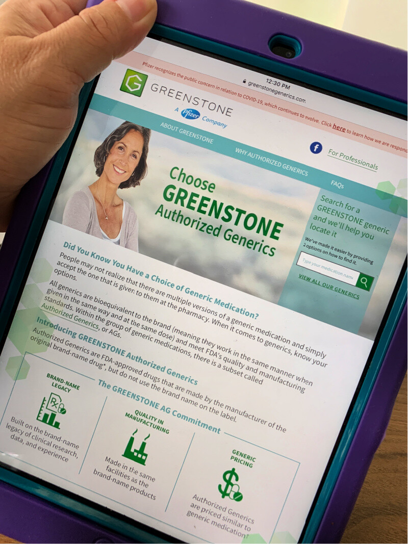 Ipad with a screen shot of the website greenstonegenerics.com