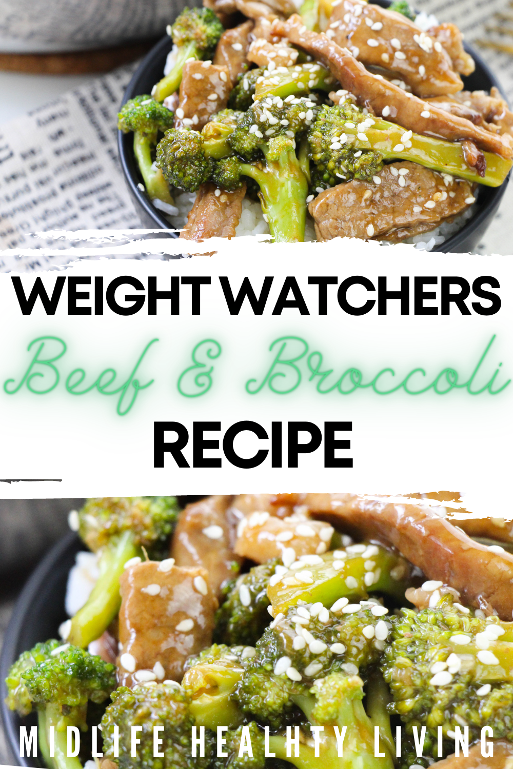 Pin showing the finished weight watchers beef and broccoli recipe ready to eat with title across the middle.