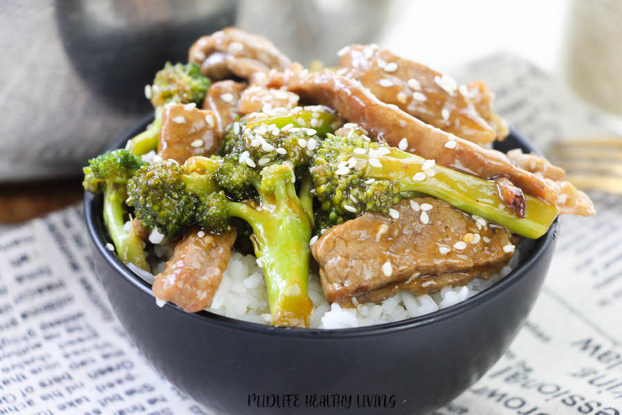 A close up shot of the finished bowl of beef and broccoli ready to eat. 