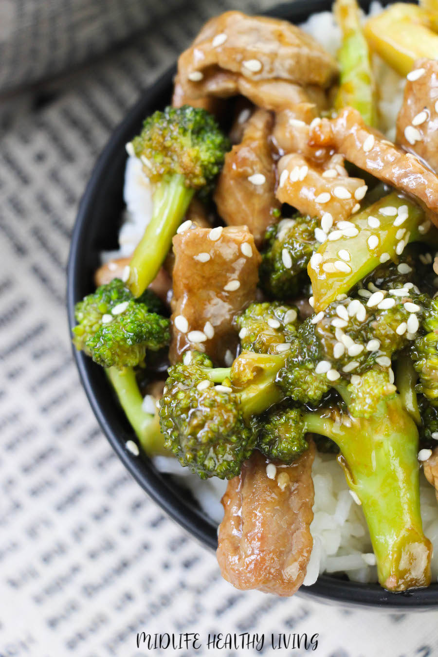 A top down view of the finished weight watchers beef and broccoli ready to eat. 