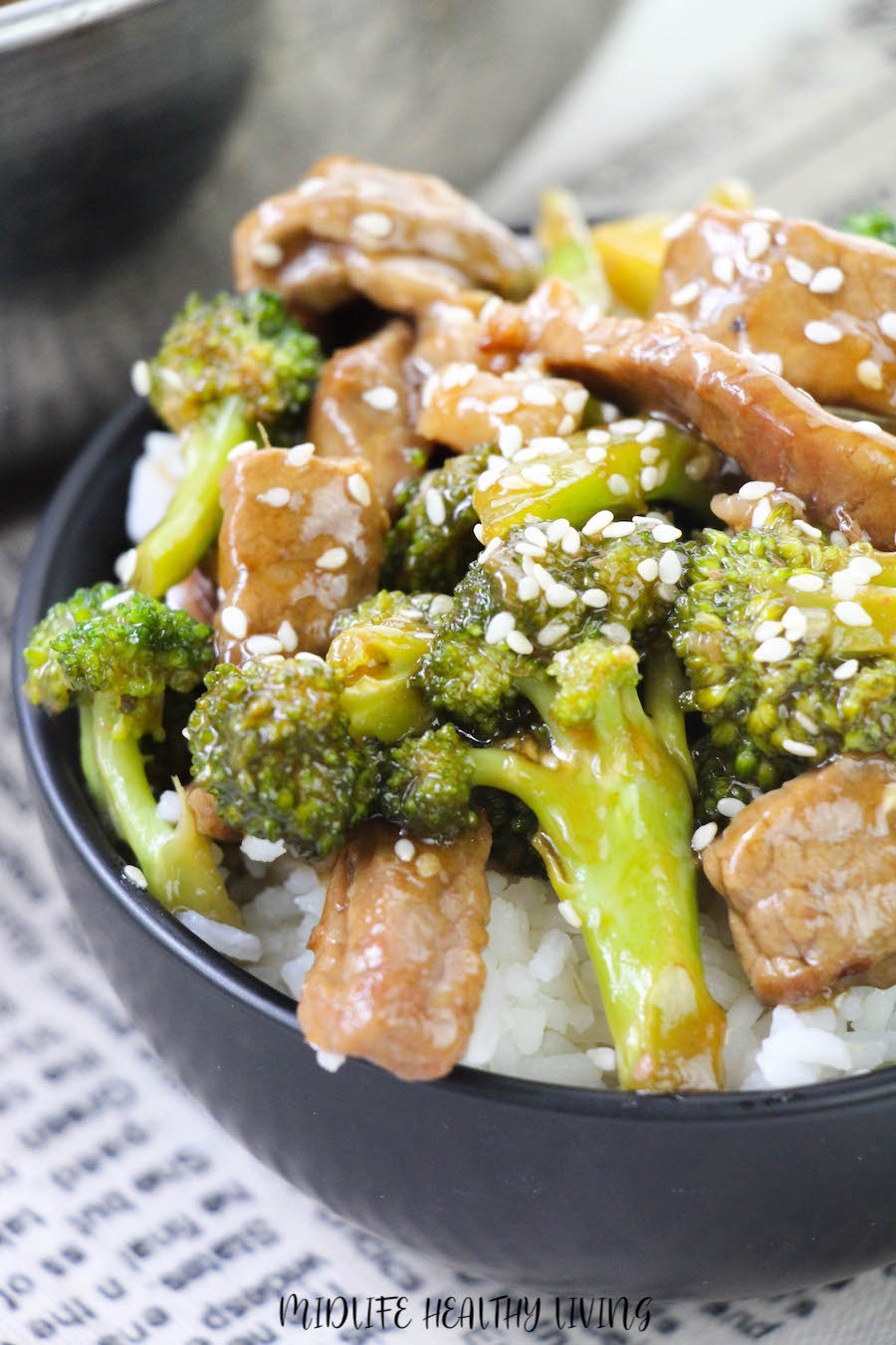 A close up version of the finished beef and broccoli ready to eat. 