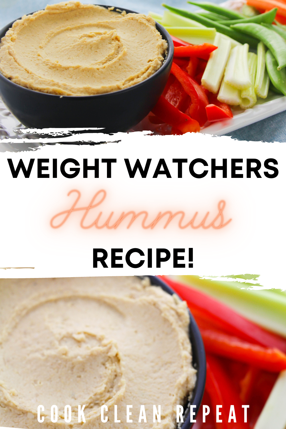 Pin showing the finished weight watchers hummus recipe ready to eat with title across the middle.