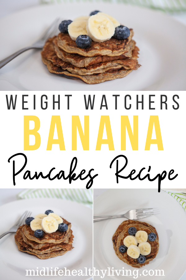 pin showing the finished ww banana pancakes with title across the middle.
