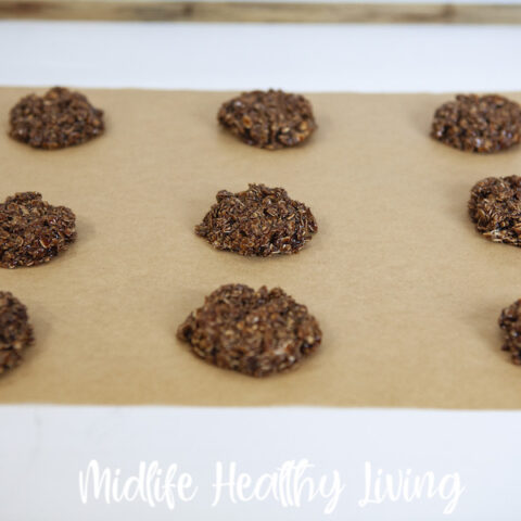 A tray of the finished chocolate peanut butter no bake cookies ready to eat.