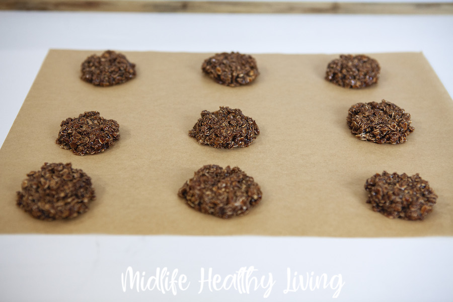 A tray of the finished chocolate peanut butter no bake cookies ready to eat. 