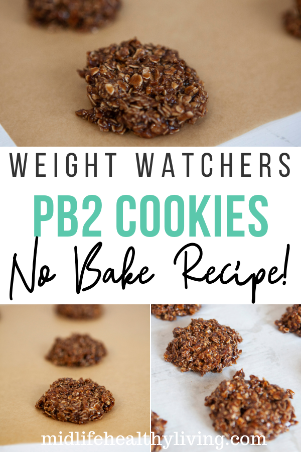Pin showing the finished weight watchers pb2 cookies ready to eat with title across the middle. 