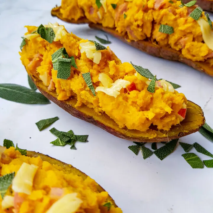A look at the finished stuffed twice baked sweet potatoes ready to eat.