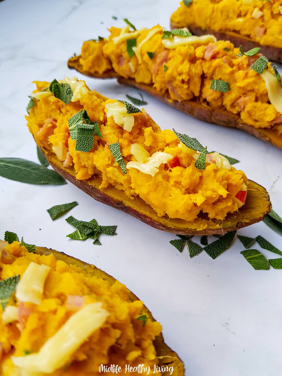 A look at the finished stuffed twice baked sweet potatoes ready to eat.