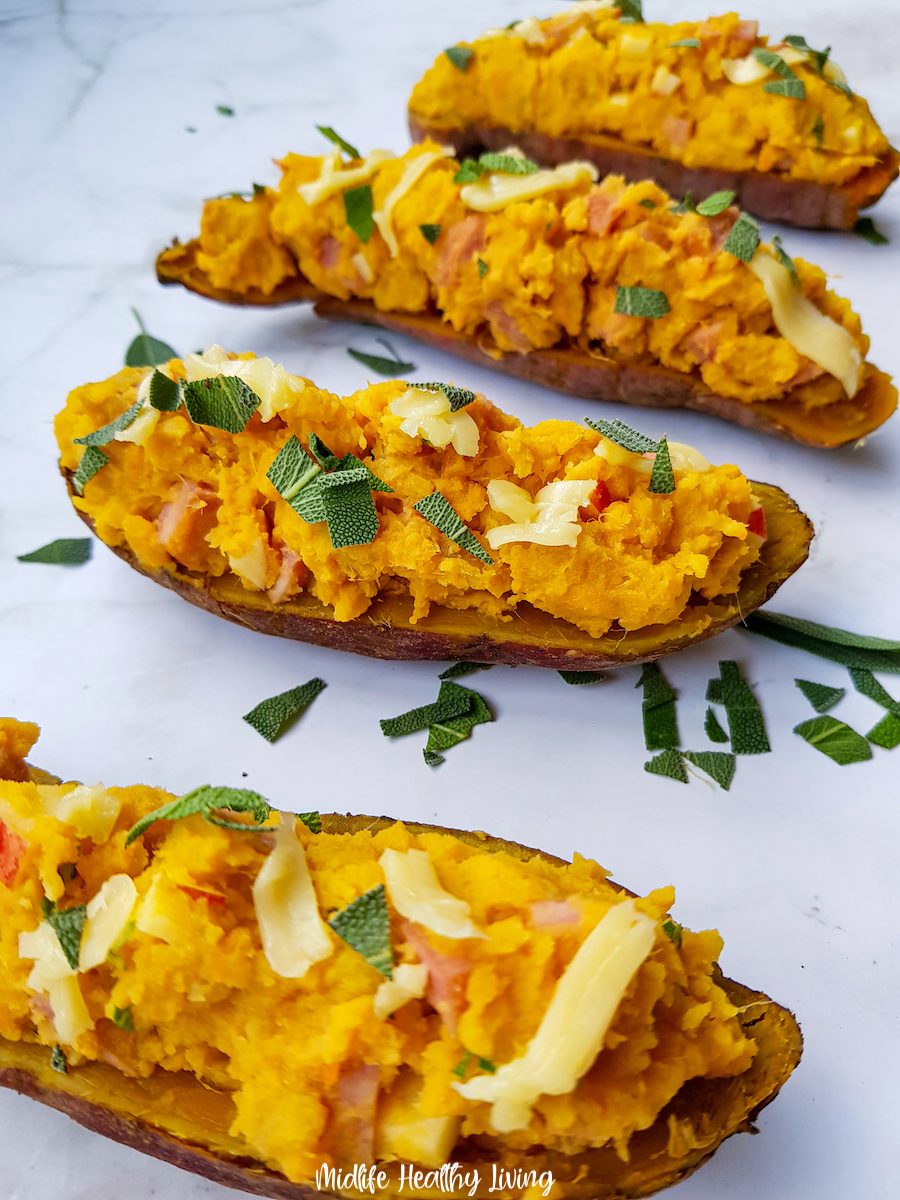 A look at the finished roasted twice baked sweet potatoes ready to eat.