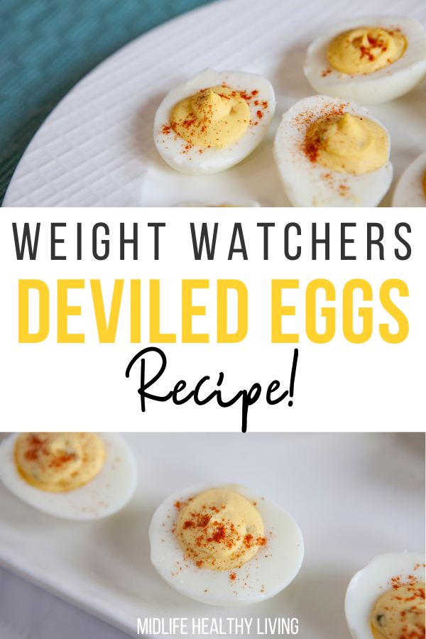 Pin showing the finished weight watchers deviled eggs with title across the middle.