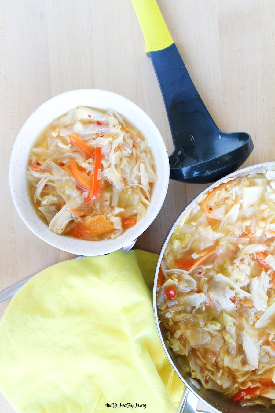 A top down look at the finished cabbage soup ready to enjoy. 