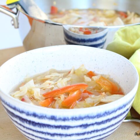 Close up of a bowl finished weight watchers cabbage soup ready to eat.