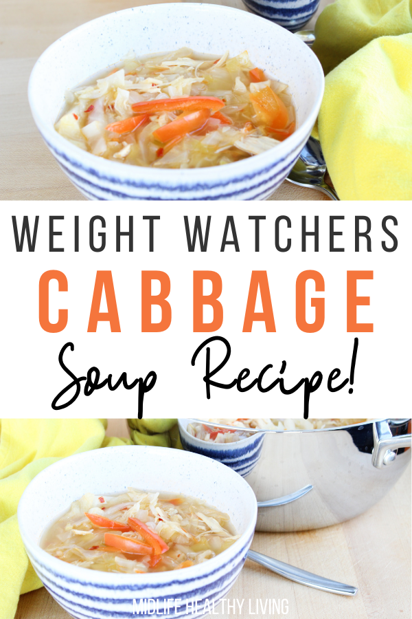 Pin showing the finished weight watchers cabbage soup ready to be served with title across the middle. 