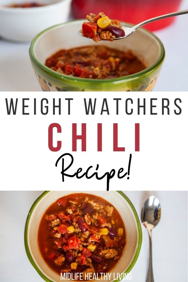 Pin showing the finished weight watchers chili recipe ready to eat with title across the middle. 