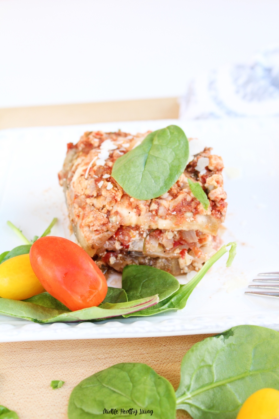 A square of the lasagna ready to serve.