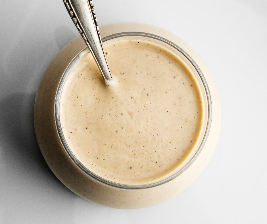 A pot of dressing ready to be enjoyed. 