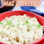 Pin showing the finished weight watchers instant pot Mac and cheese.