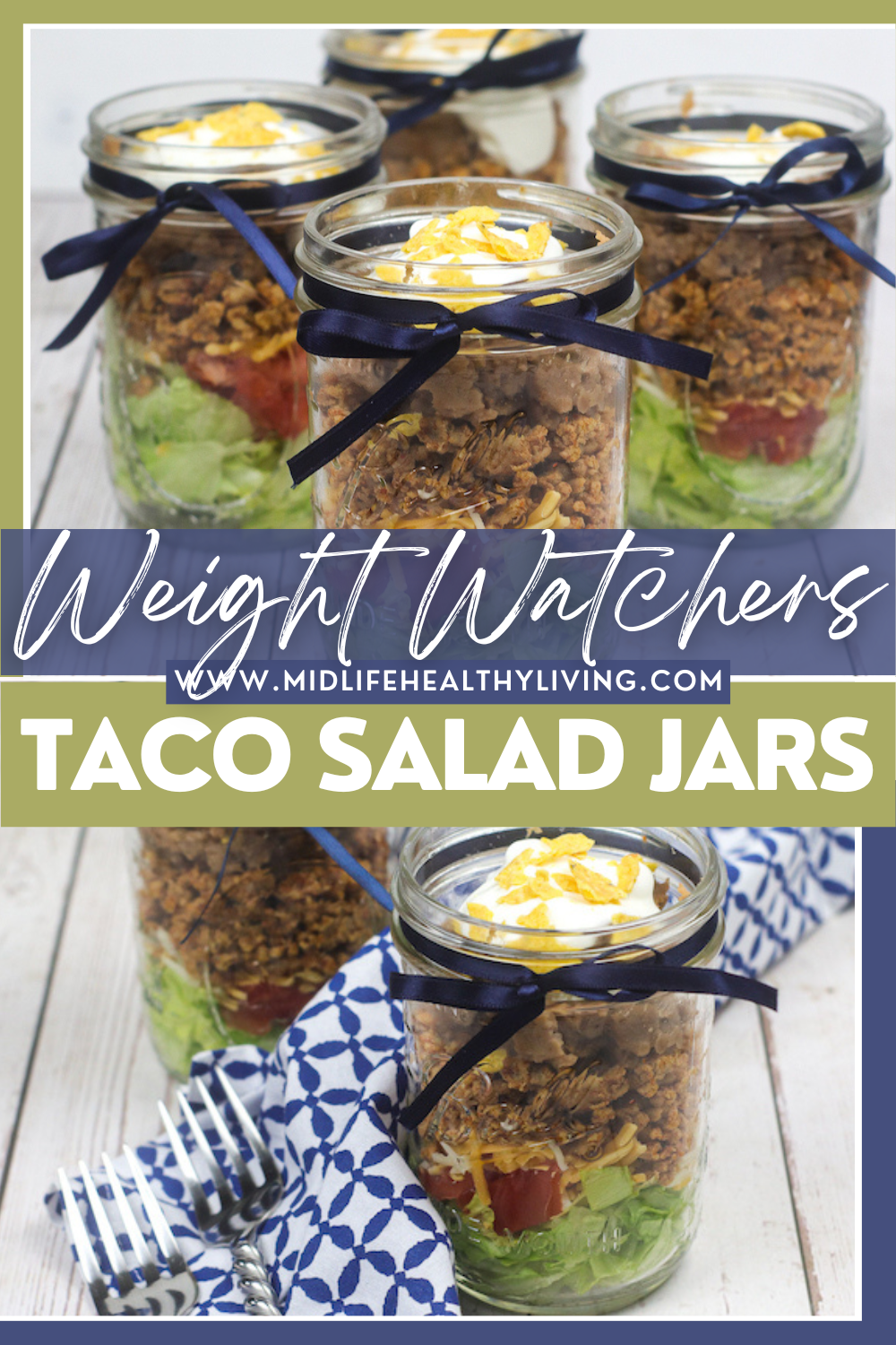 pin showing the finished taco salad in a jar for weight watchers with title across the middle.