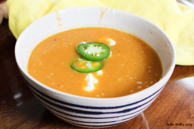 A close up of the finished pumpkin soup for weight watchers ready to eat. 