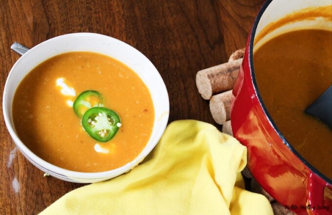 A top down view of the finished soup ready to eat. 