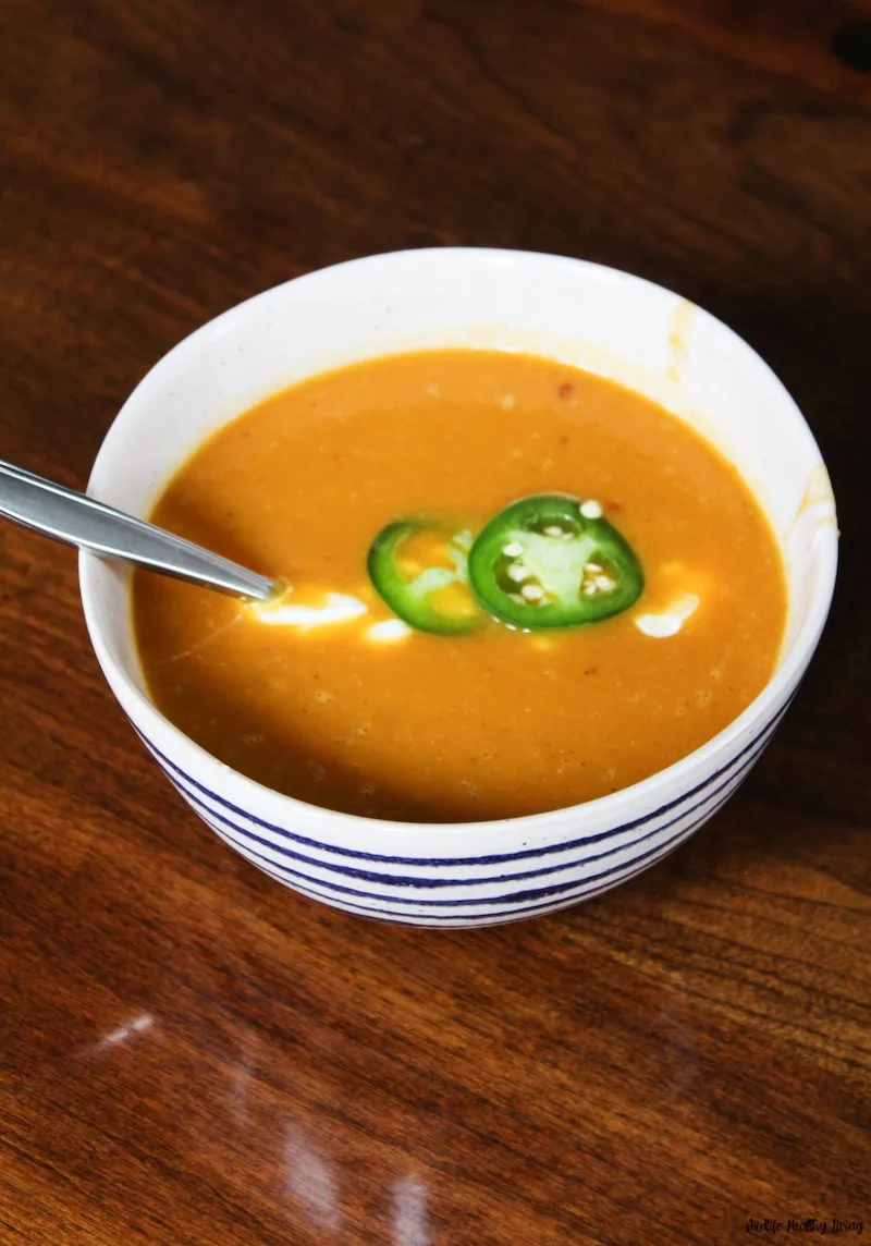 Bowl of the finished soup with a spoon ready to eat.