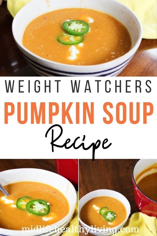 Pin showing the finished weight watchers pumpkin soup recipe ready to eat with title in the middle.