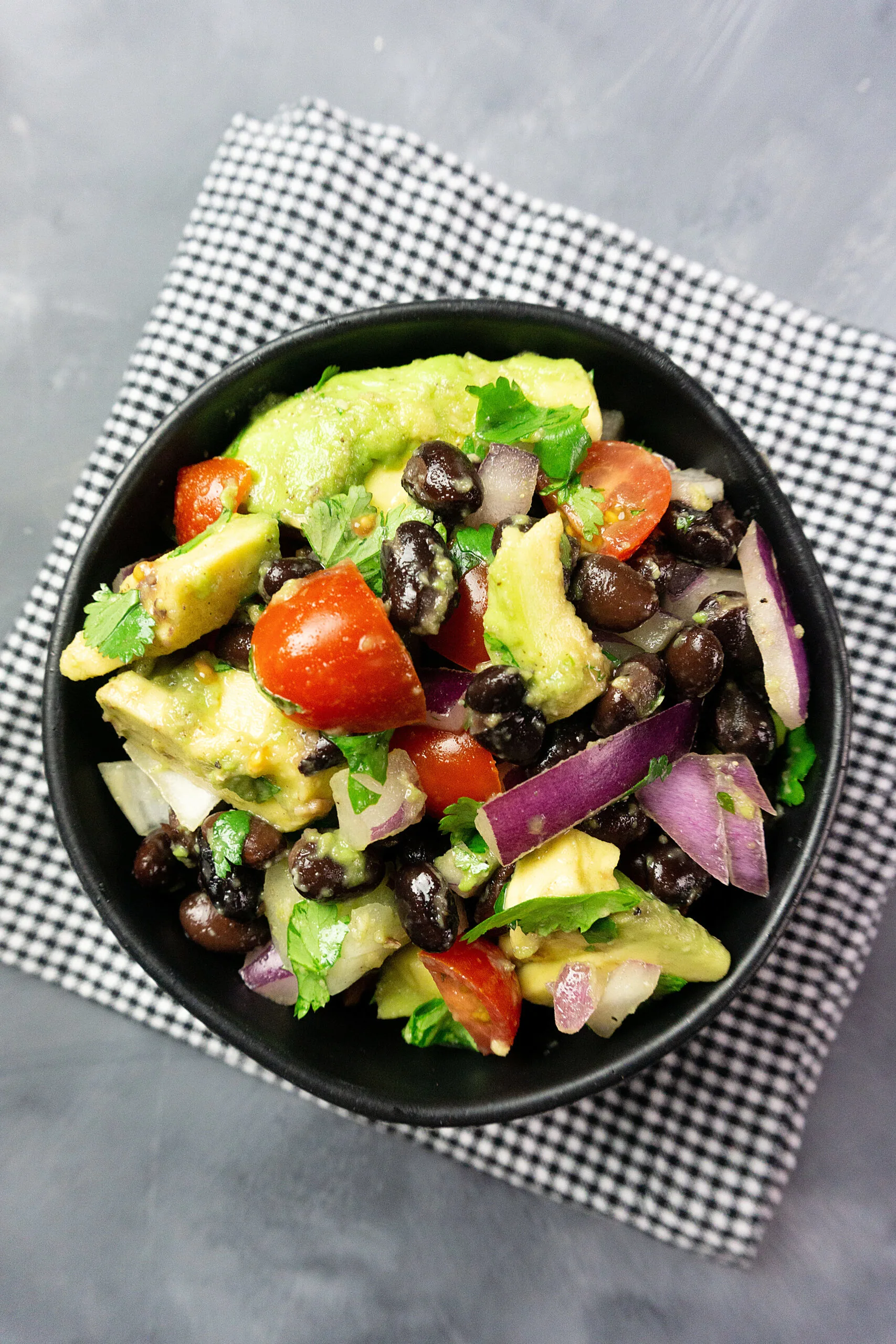 A close up view of the finished weight watchers black bean salad.