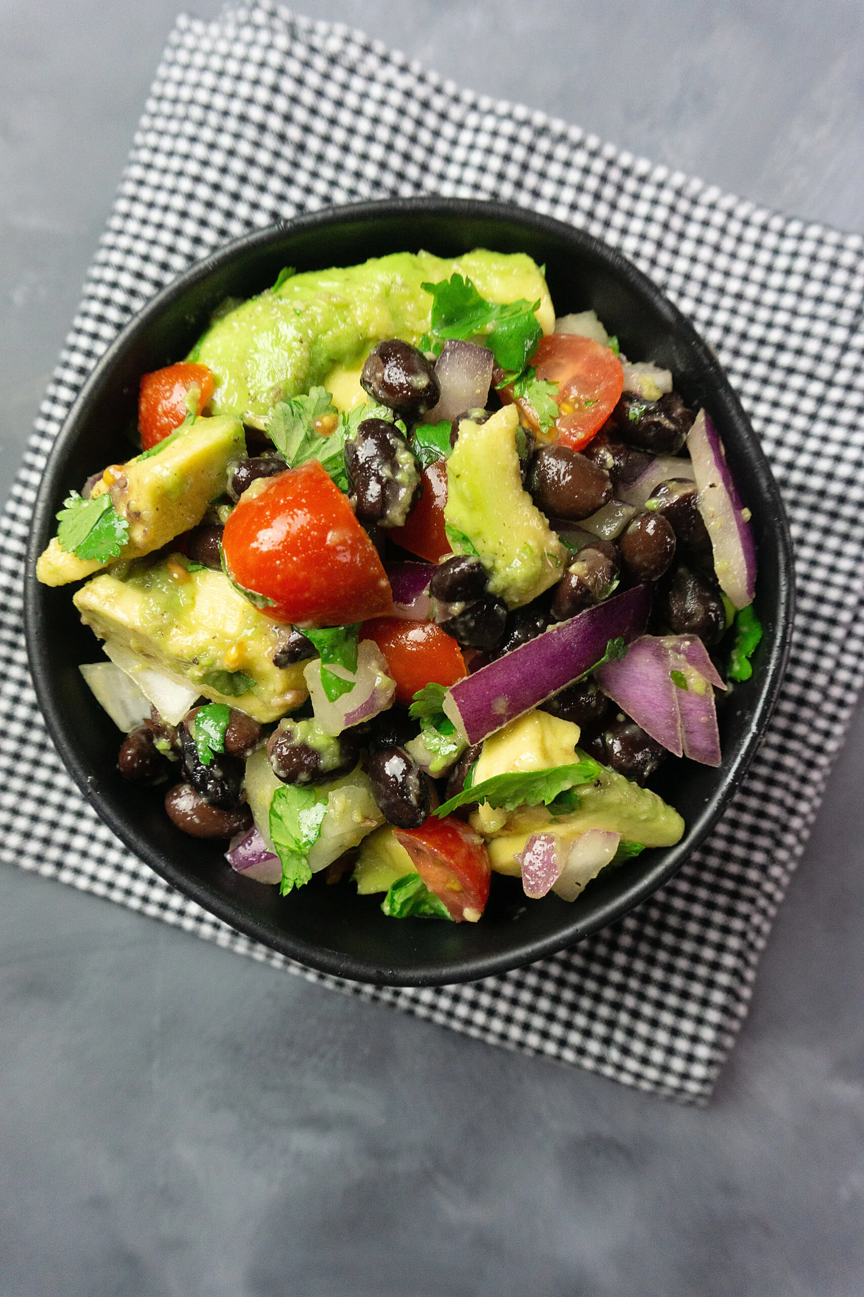 A top down look at the finished black bean salad for weight watchers ready to eat. 
