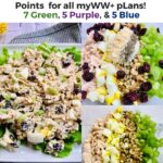 Pin showing the points and title at the top and the finished weight watchers chicken salad on a plate ready to eat.