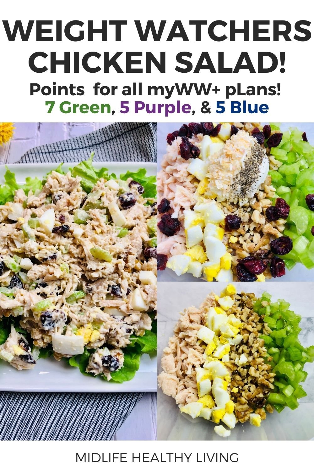 Pin showing the points and title at the top and the finished weight watchers chicken salad on a plate ready to eat.