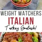 Pin showing the Weight Watchers turkey goulash ready to eat title across the middle.