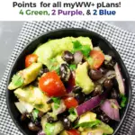 Pin showing the finished weight watchers black bean salad with points and title at the top of the images.