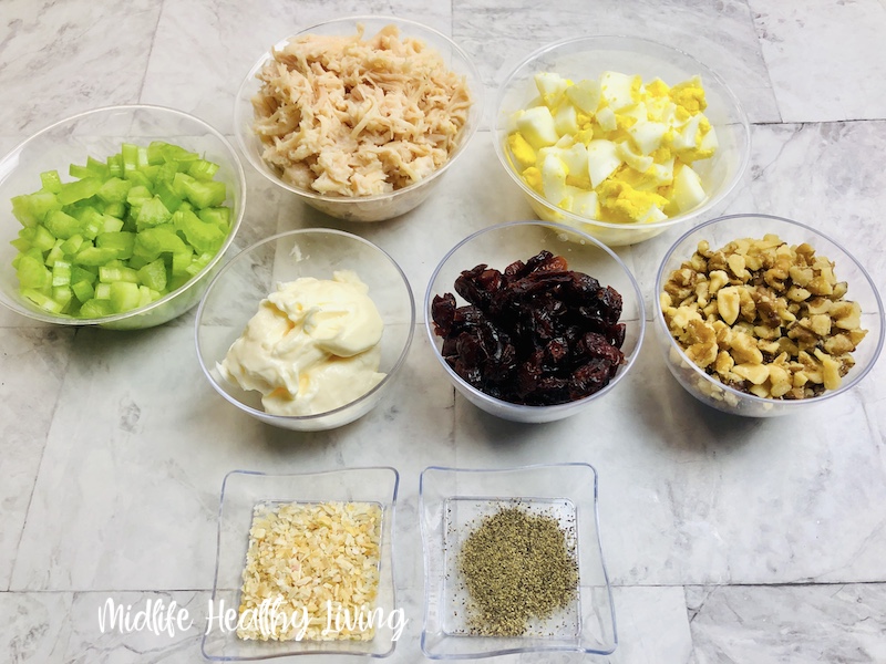 all the ingredients needed to make weight watchers chicken salad. 