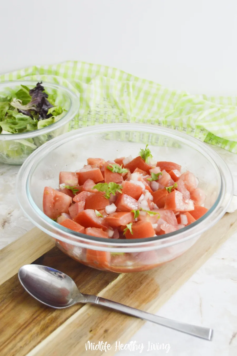 A bowl of the finished tomato salad recipe for Weight Watchers. 