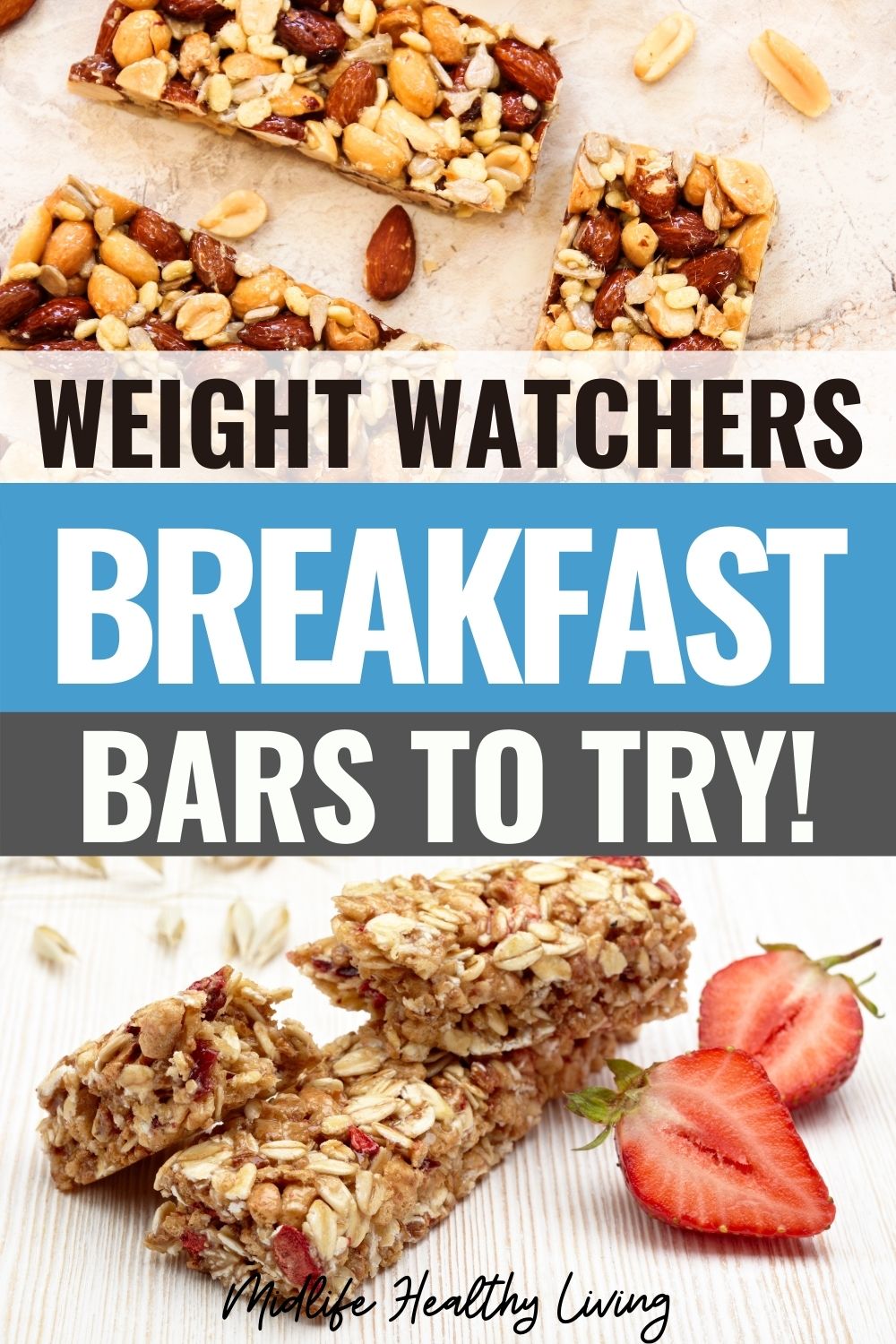 Pin showing the weight watchers breakfast bars ready to eat with title in the middle.