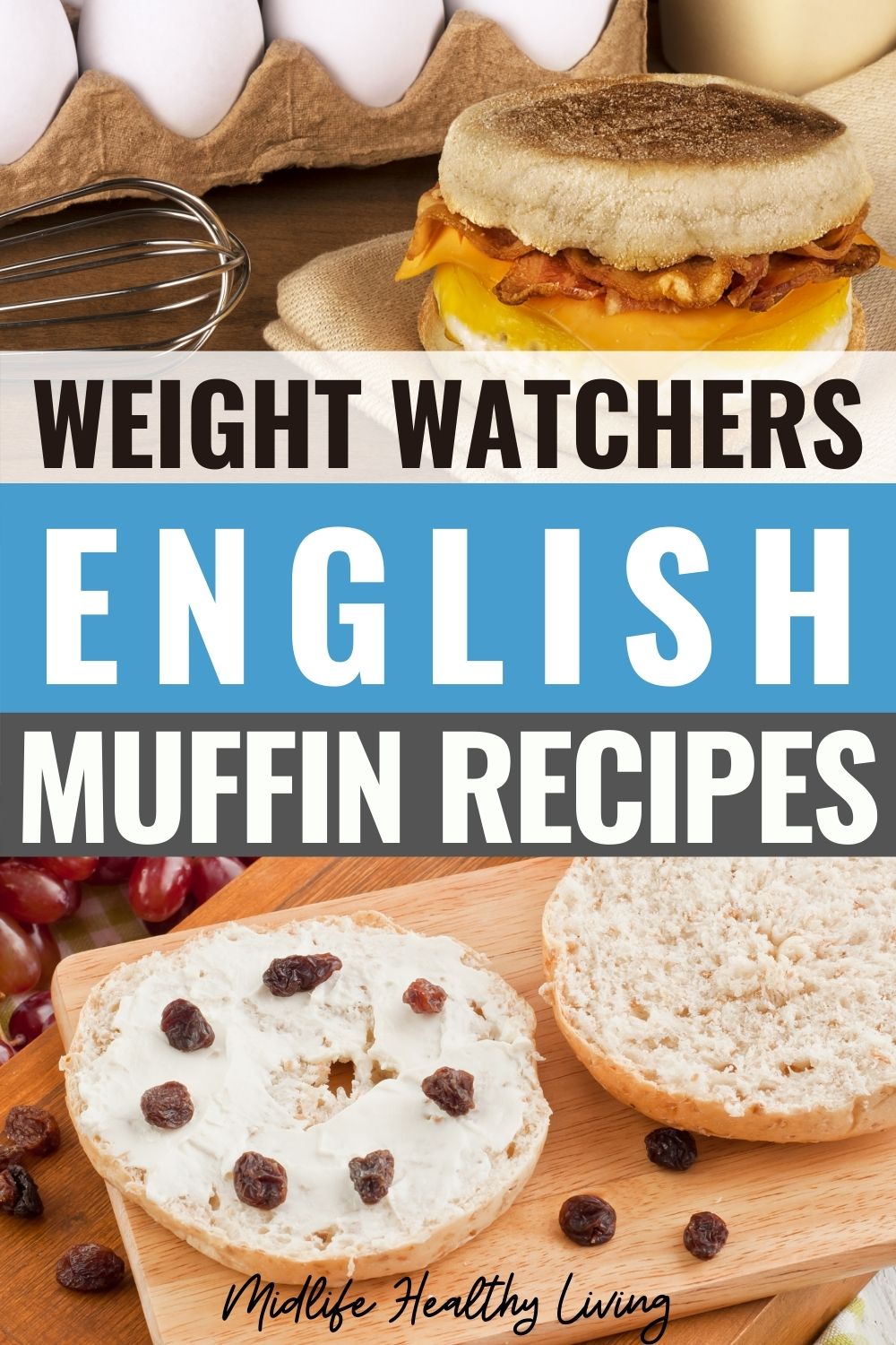 Pin showing the finished weight watchers English muffin recipes ready to eat with title across the middle. 