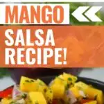 Pin showing the finished Weight Watchers mango salsa ready to eat with title across the top.