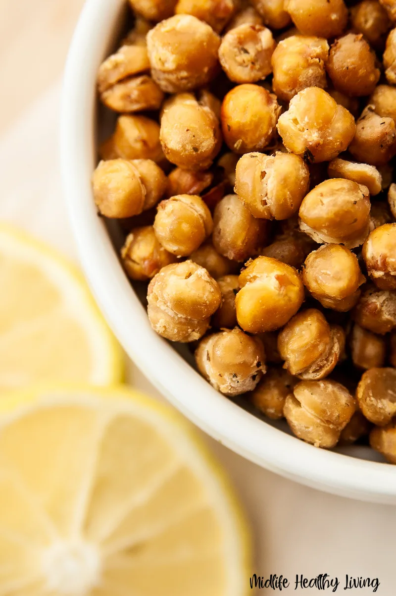 a close up of the finished roasted chickpeas ready to eat. 
