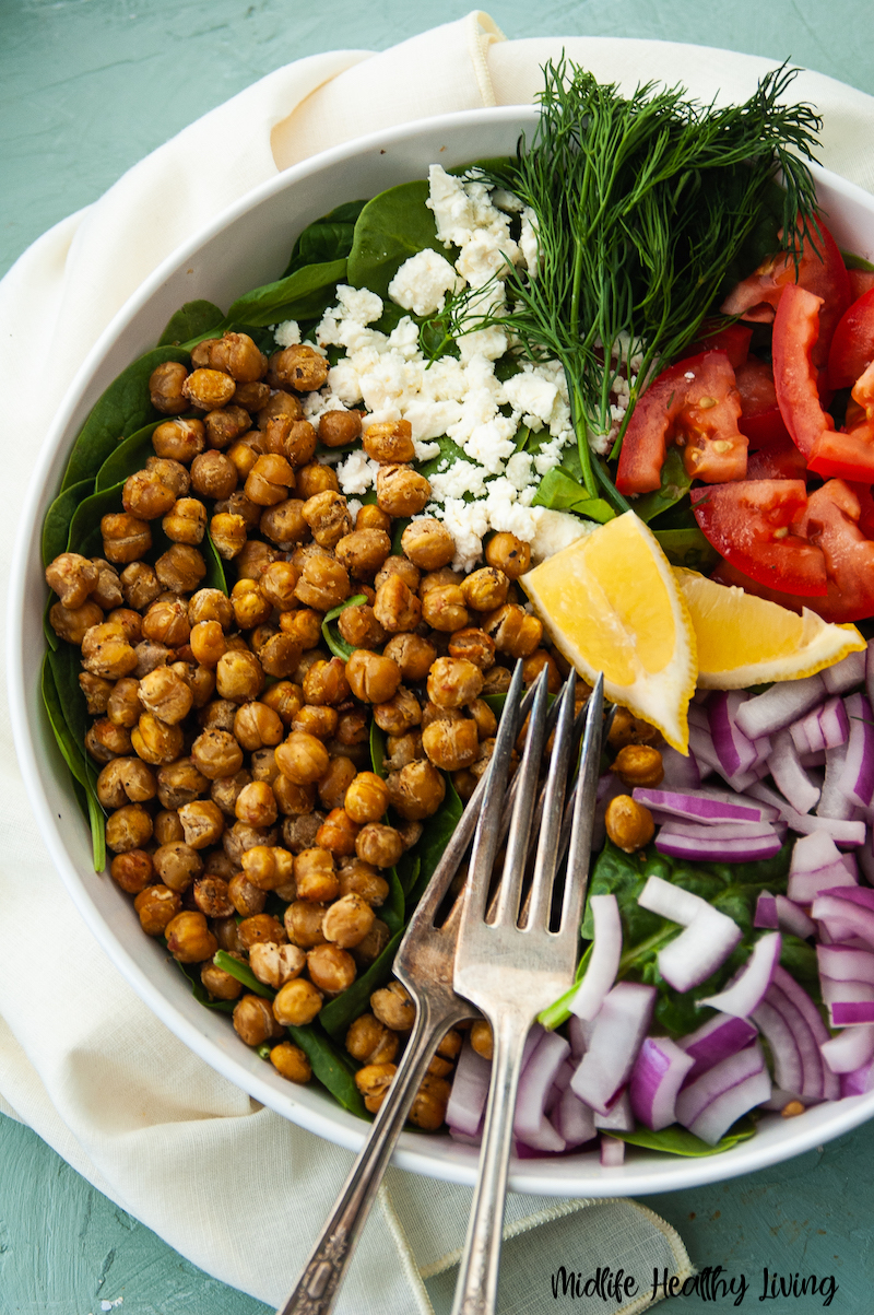 Roasted chickpeas in a salad ready to be enjoyed. 