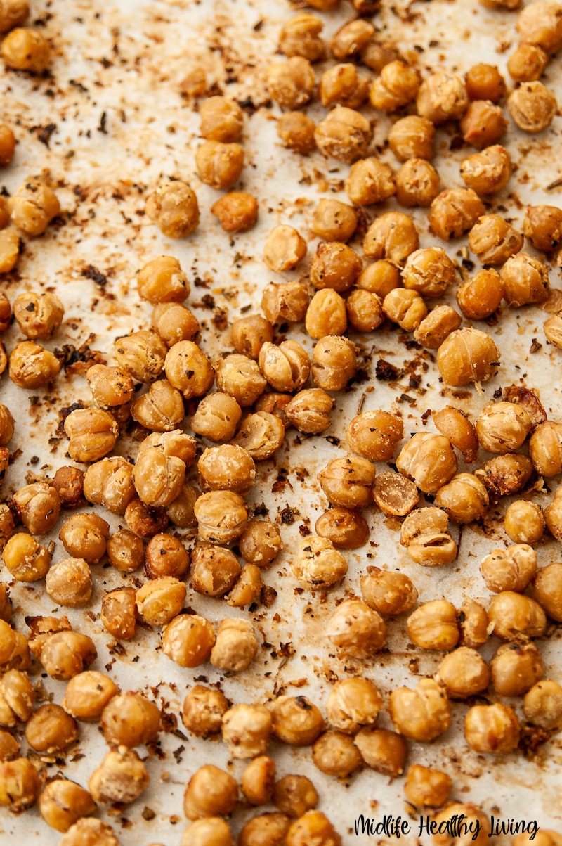 Finished ww roasted chickpeas on a baking sheet ready to eat. 