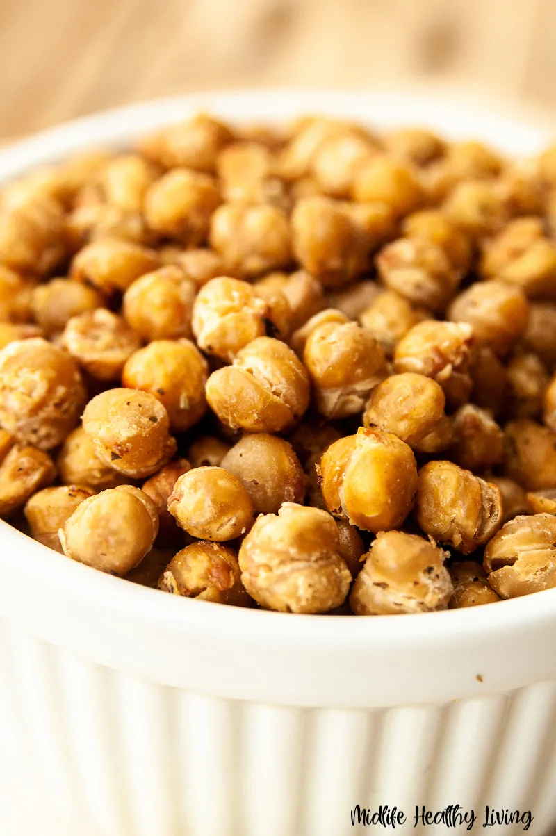 A bowl full of the finished weight watchers roasted chickpeas ready to be enjoyed. 