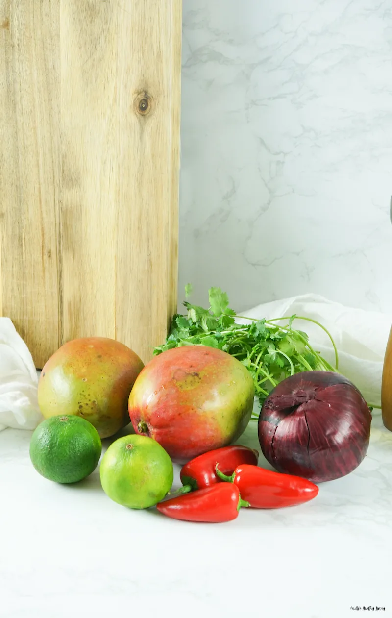 photo of the ingredients needed for weight watchers mango salsa.