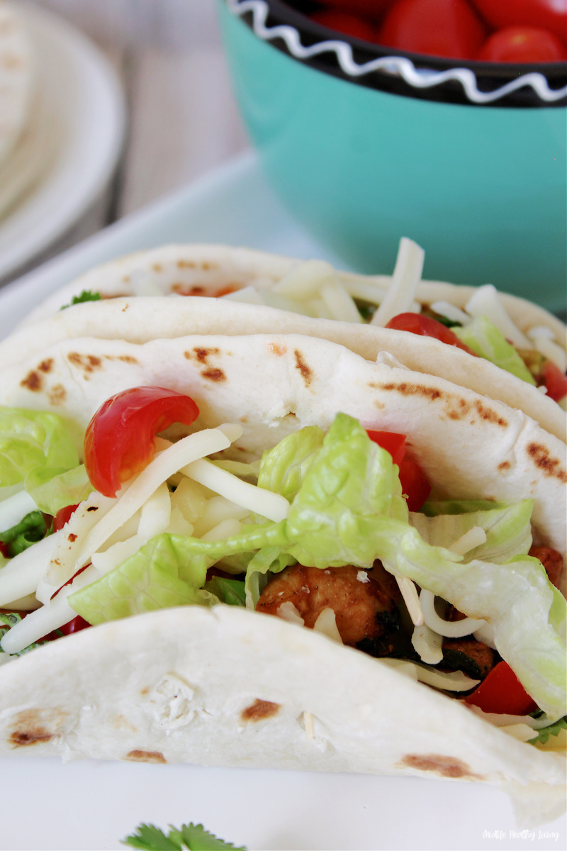 A close up of the finished chicken lime tacos ready to be enjoyed. 