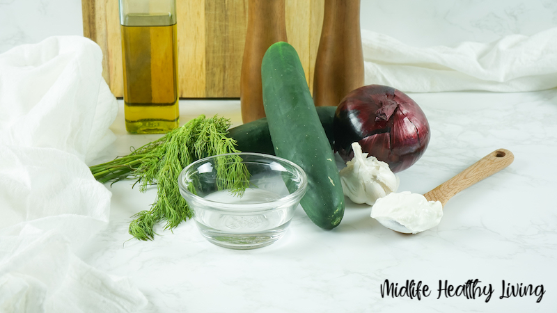 Ingredients needed to make Weight Watchers cucumber salad. 