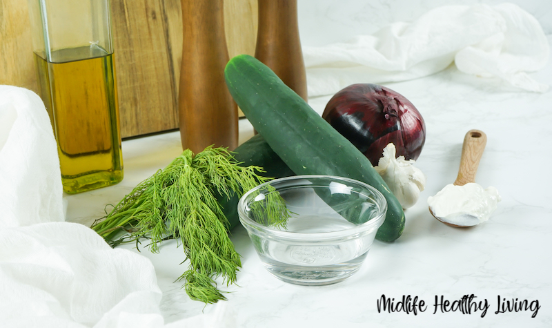 Another look at the ingredients needed to make weight watchers cucumber salad. 