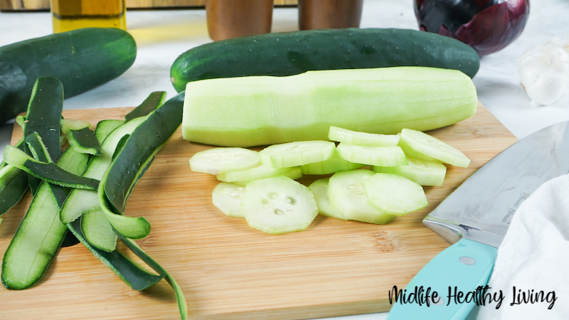 Close up of the finished sliced and peeled cucumbers. 