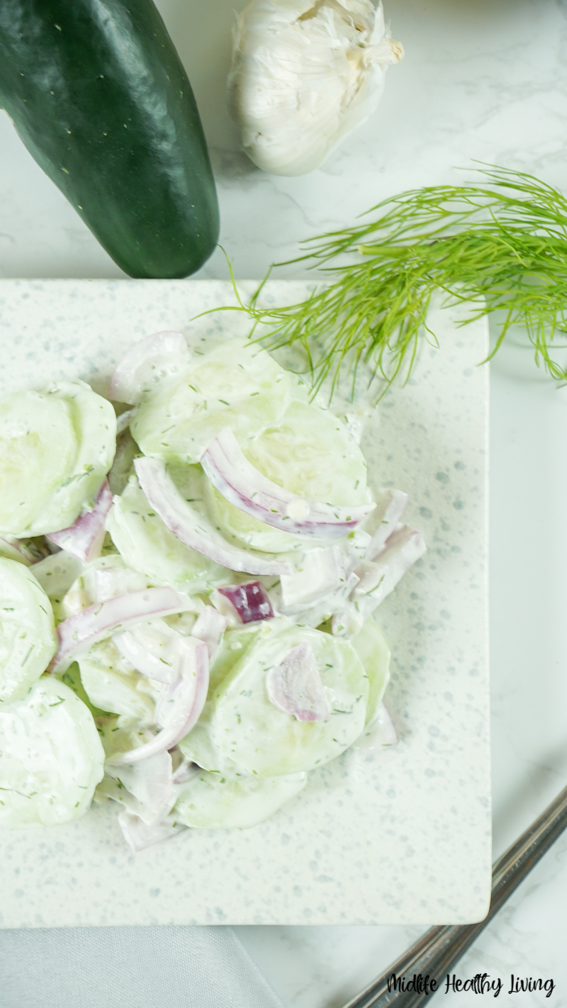 A top down look at the finished cucumber salad ready to serve. 