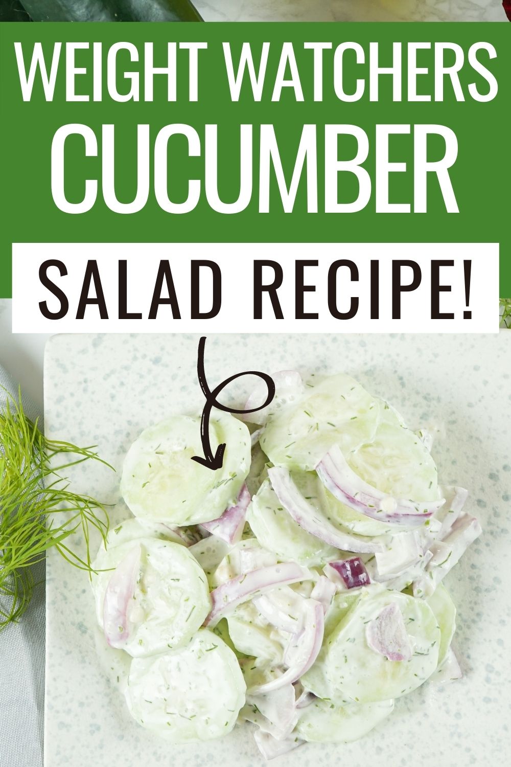 Pin showing the finished weight watchers cucumber salad ready to eat with title across the top.