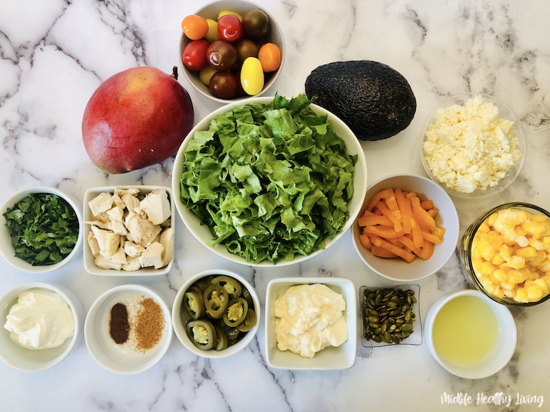 Another view of the weight watchers southwest chicken salad ingredients ready to be assembled. 