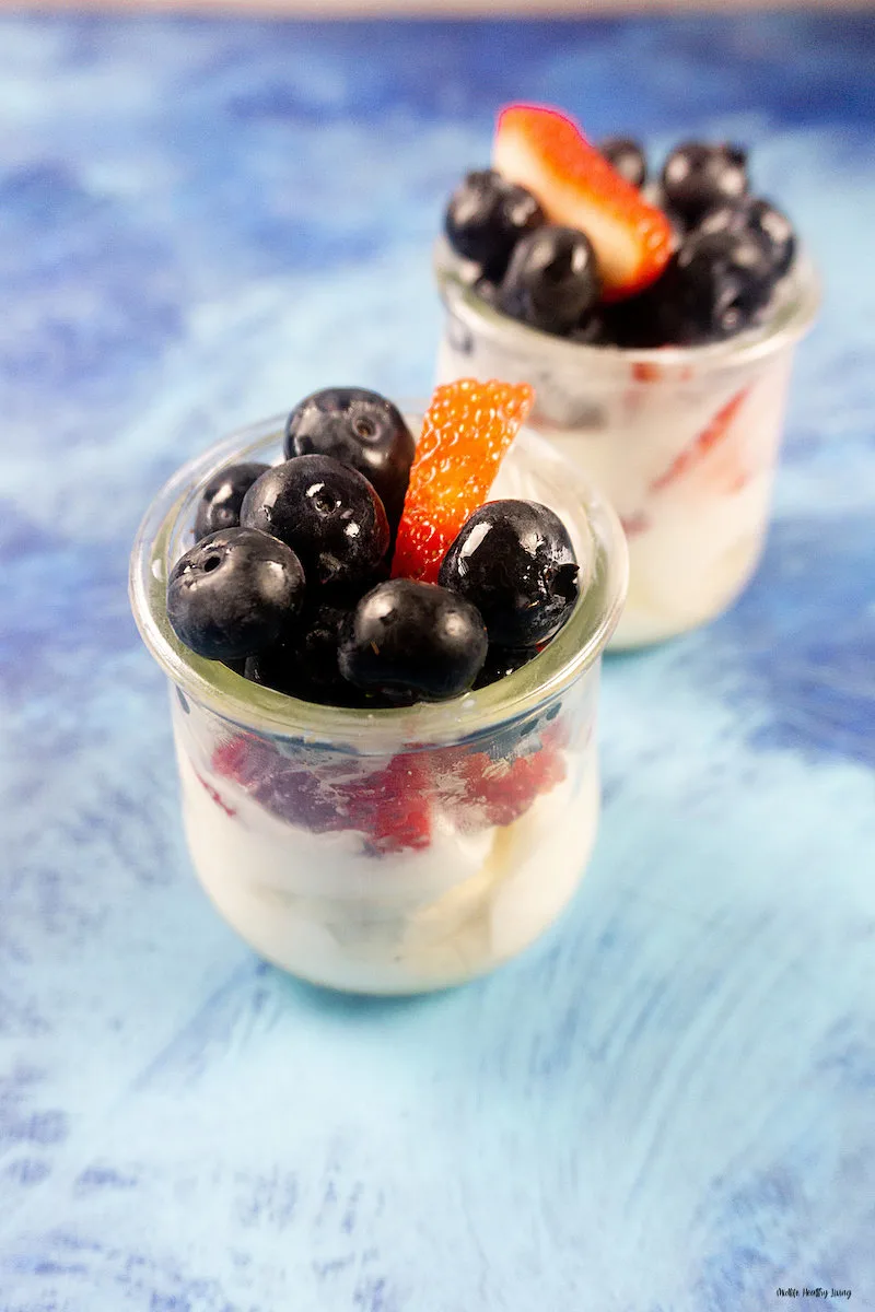a top down look at the finished fruit and yogurt parfaits. 